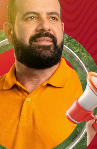 Nixon de polo laranja segurando um megafone